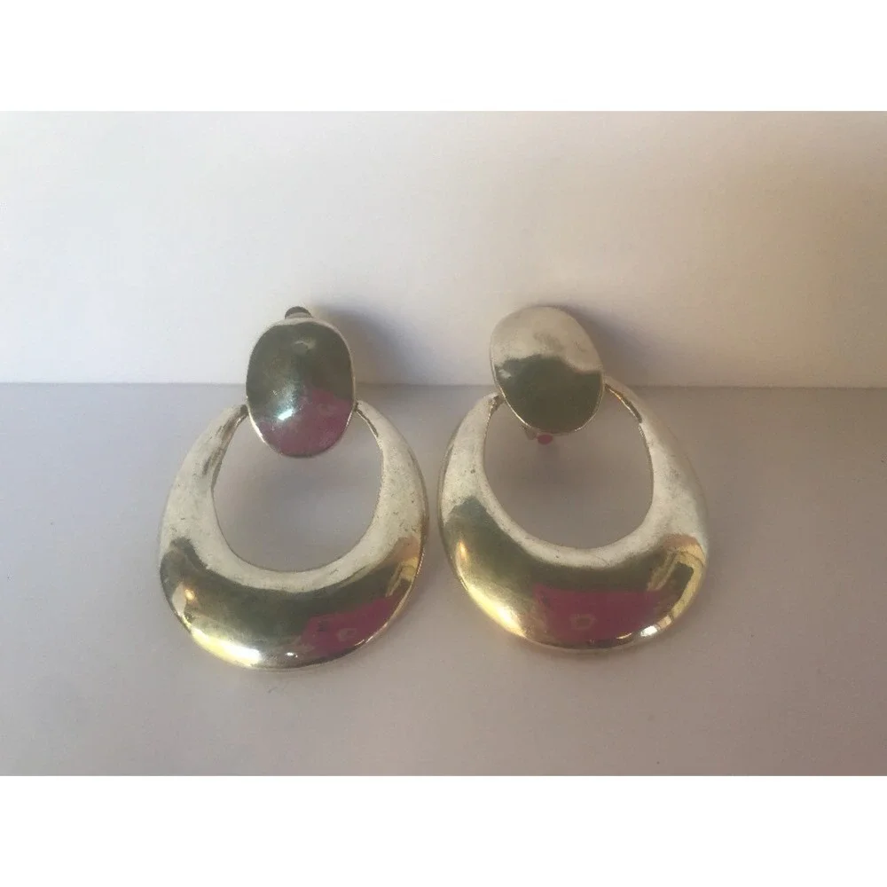 Earrings 1980's look silver tone clip‎ on round circles Dangle Two Tier Chunky
